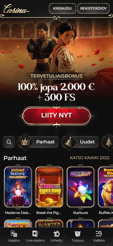 Casina Casino mobile browser home interface on an Australian device