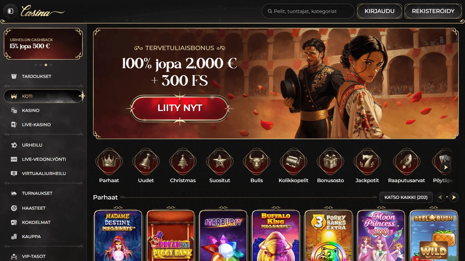 Casina Casino desktop home interface with the Australian welcome offer